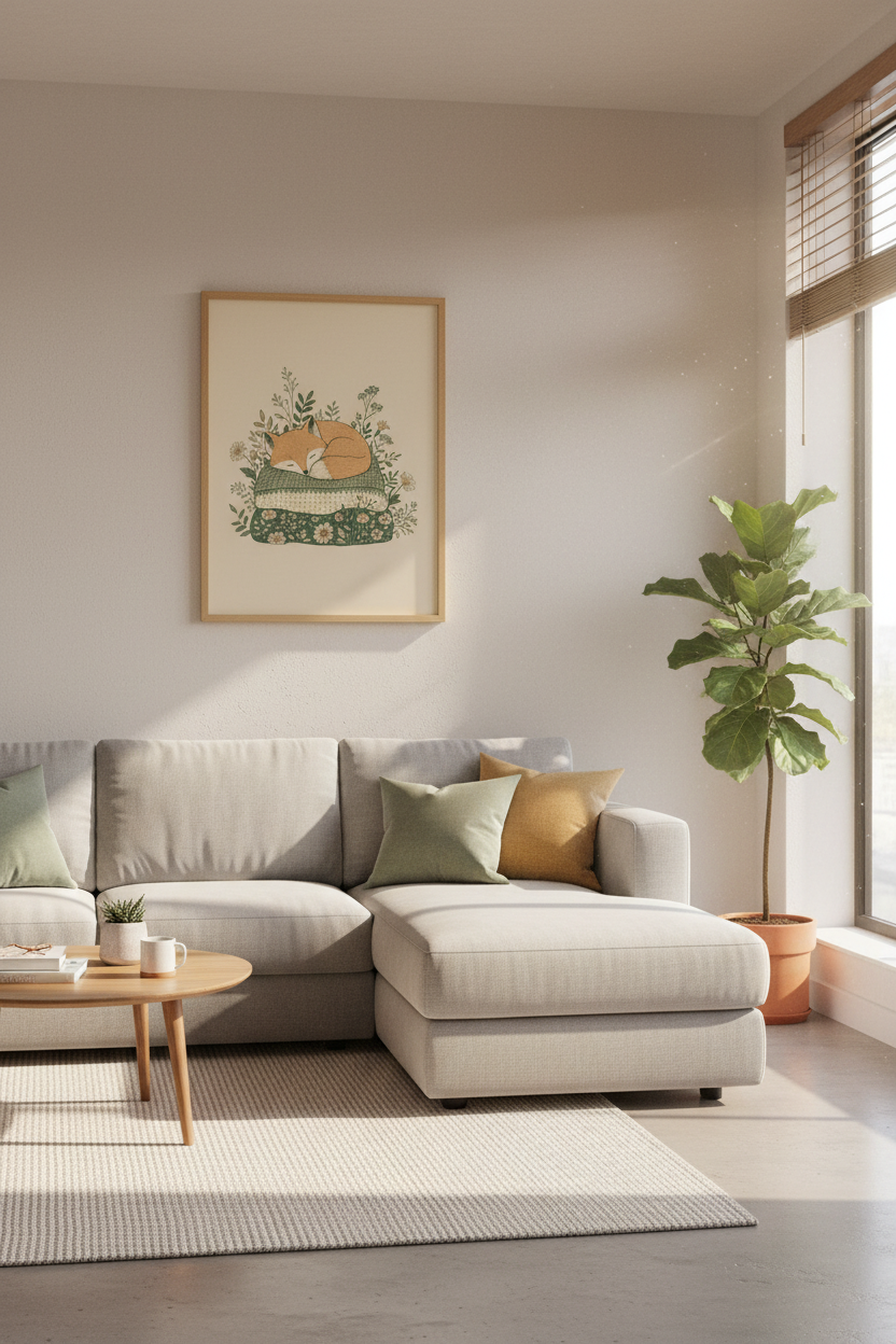Sleeping Fox on Pillows Wall Art | Cottagecore Nursery Decor | Woodland Poster