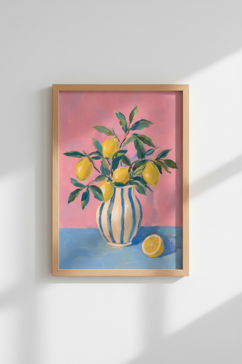 Mediterranean Lemon Wall Art Print | Pink Kitchen Decor | Italian Citrus Poster