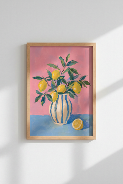 Mediterranean Lemon Wall Art Print | Pink Kitchen Decor | Italian Citrus Poster