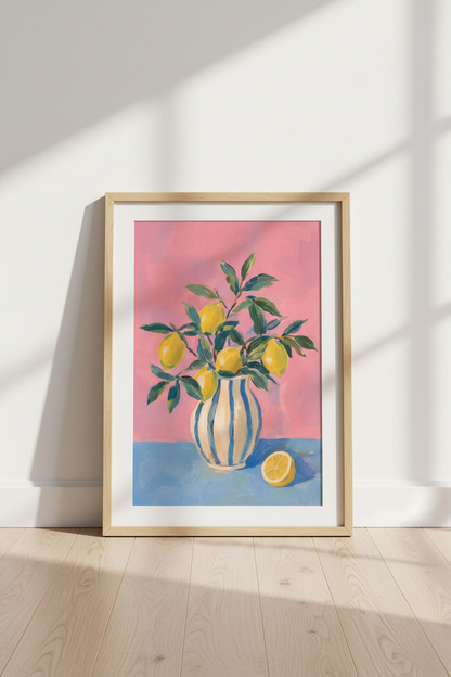 Mediterranean Lemon Wall Art Print | Pink Kitchen Decor | Italian Citrus Poster