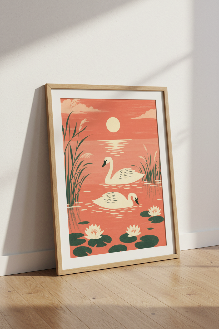 Swan Lake Nature Print | Mid Century Japanese Art, Living Room Wall Decor