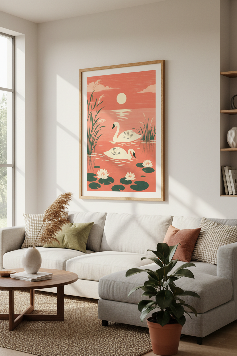 Swan Lake Nature Print | Mid Century Japanese Art, Living Room Wall Decor