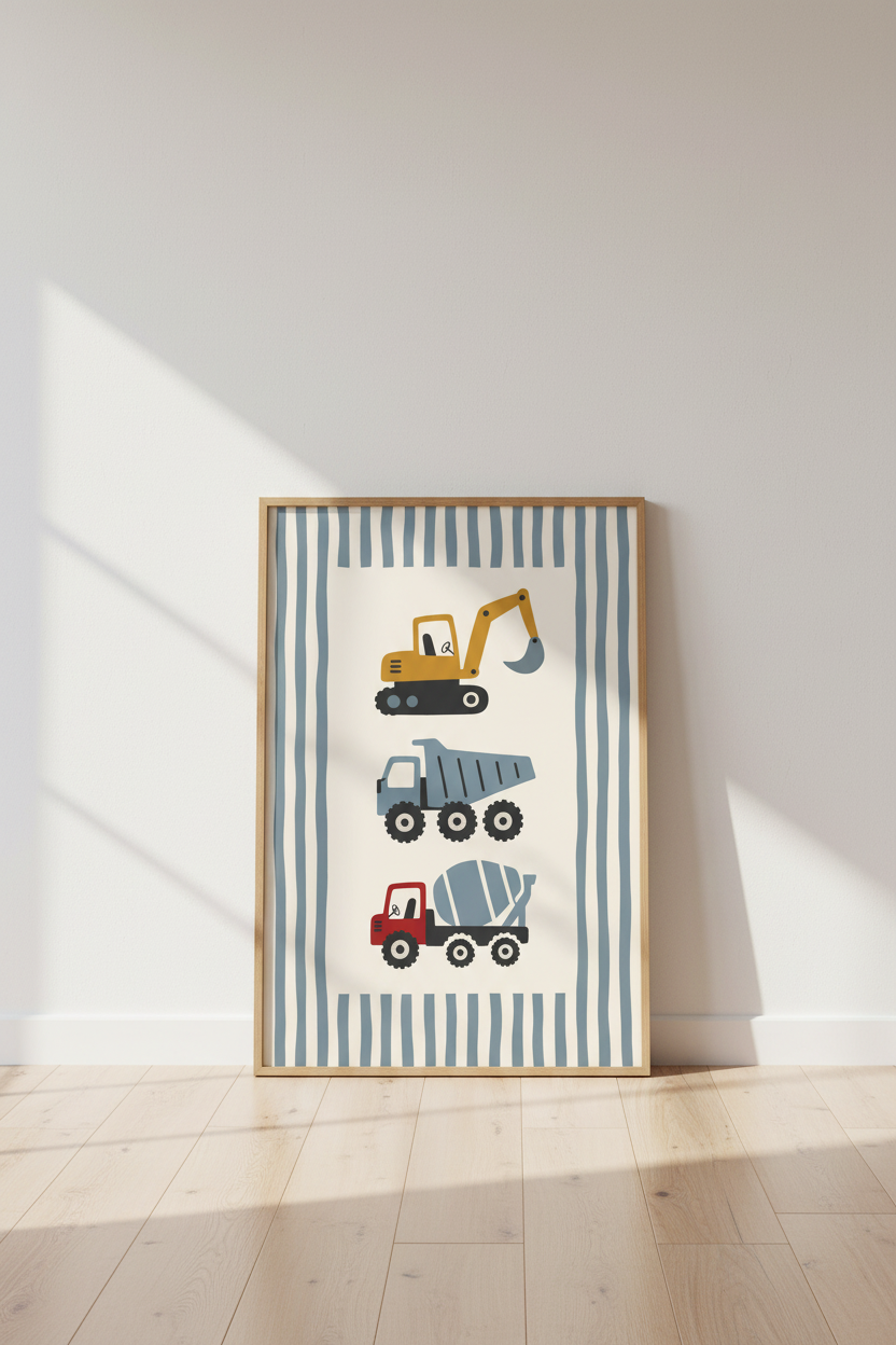 Construction Truck Wall Art | Nursery Playroom Decor | Modern Toddler Poster