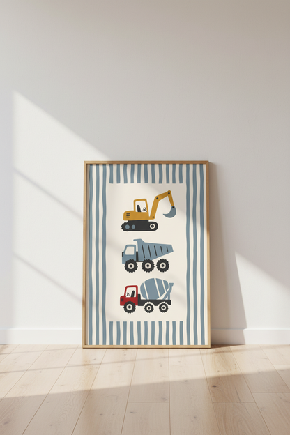 Construction Truck Wall Art | Nursery Playroom Decor | Modern Toddler Poster