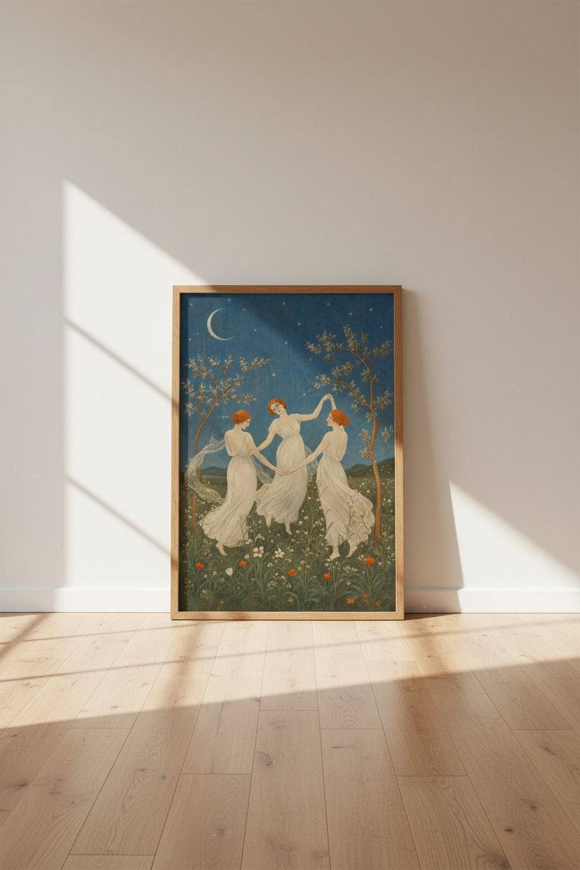 Dancing Goddesses Celestial Wall Art | Moon &amp; Stars Print | Art Nouveau Decor