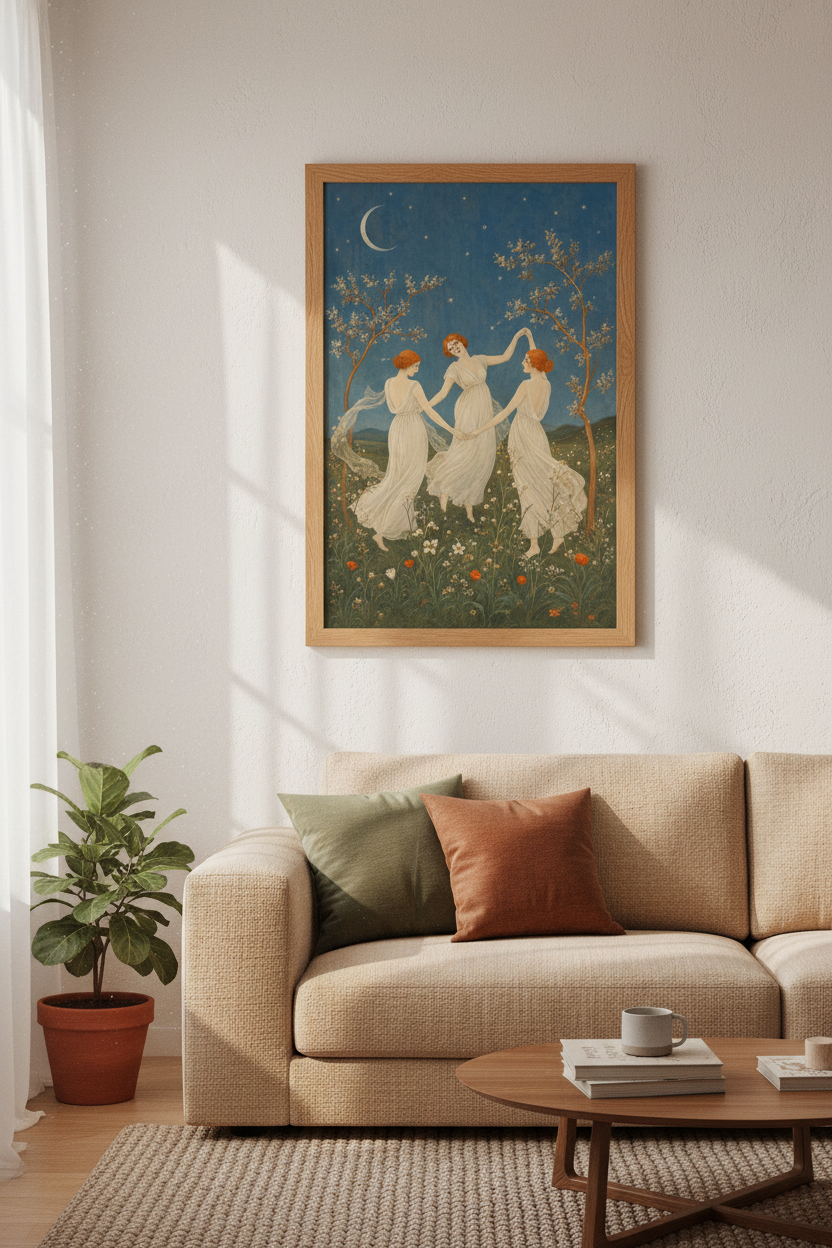 Dancing Goddesses Celestial Wall Art | Moon &amp; Stars Print | Art Nouveau Decor