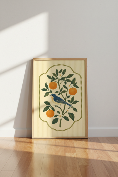 Blue Bird &amp; Orange Tree Wall Art | Botanical Citrus Poster, Kitchen Decor