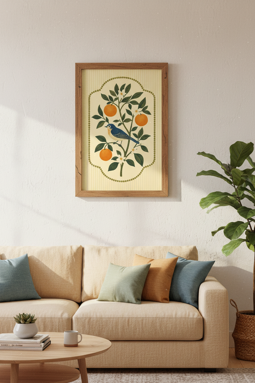 Blue Bird &amp; Orange Tree Wall Art | Botanical Citrus Poster, Kitchen Decor