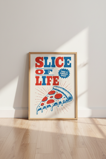 Pizza Slice of Life Wall Art | Retro Red &amp; Blue Food Poster, Kitchen Decor