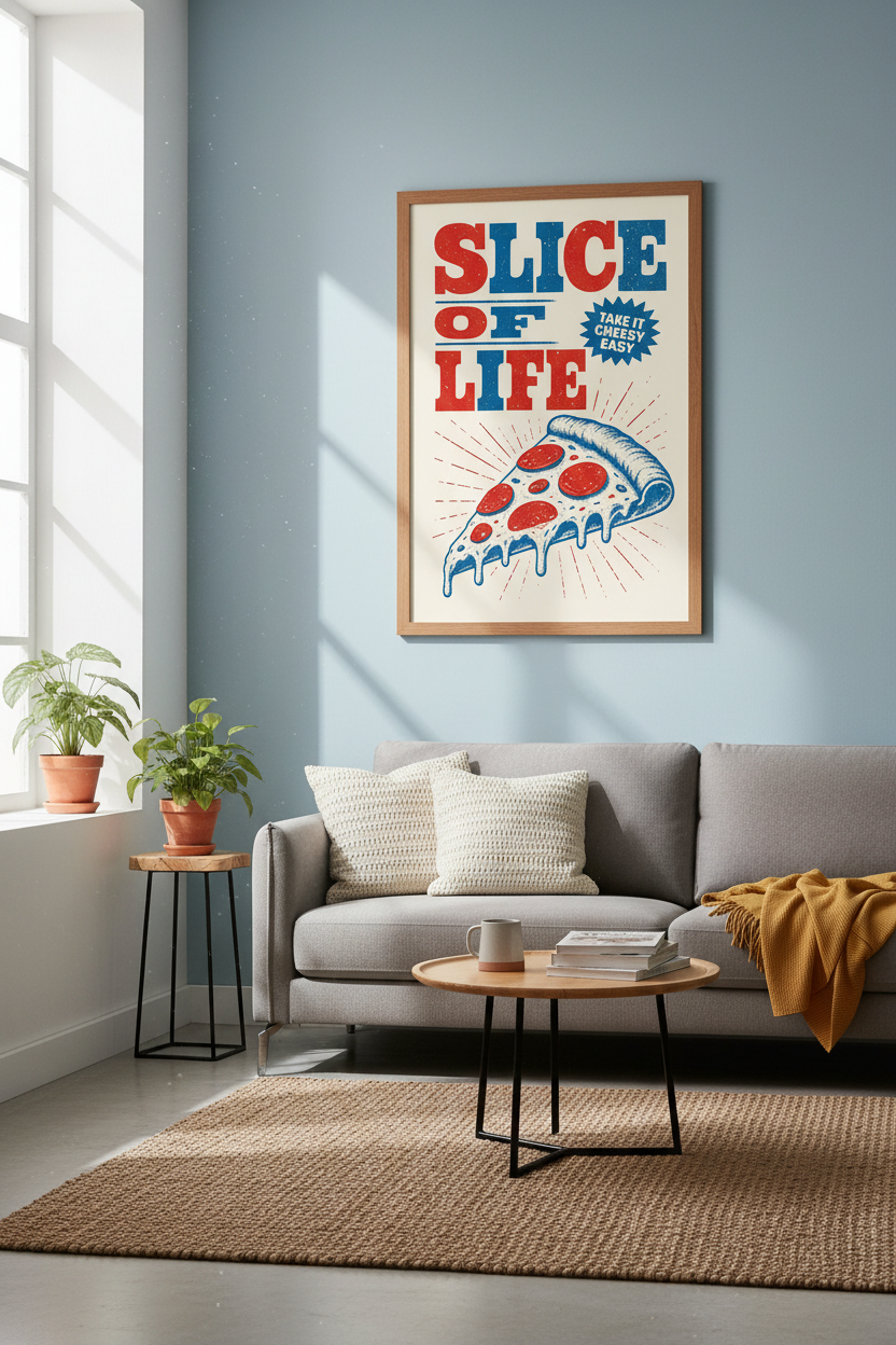 Pizza Slice of Life Wall Art | Retro Red &amp; Blue Food Poster, Kitchen Decor