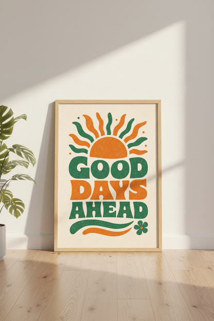 Retro Sun Good Days Ahead Wall Art | Green Orange 70s Decor | Groovy Poster