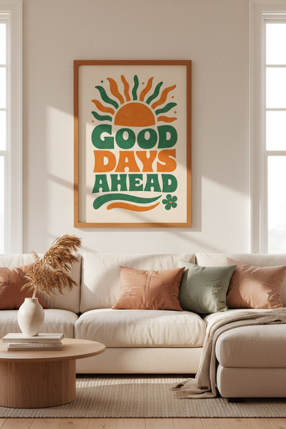 Retro Sun Good Days Ahead Wall Art | Green Orange 70s Decor | Groovy Poster