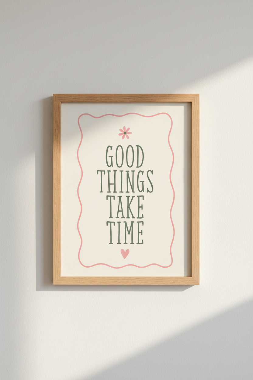 Good Things Take Time Wall Art | Pink &amp; Sage Floral Decor | Aesthetic Poster