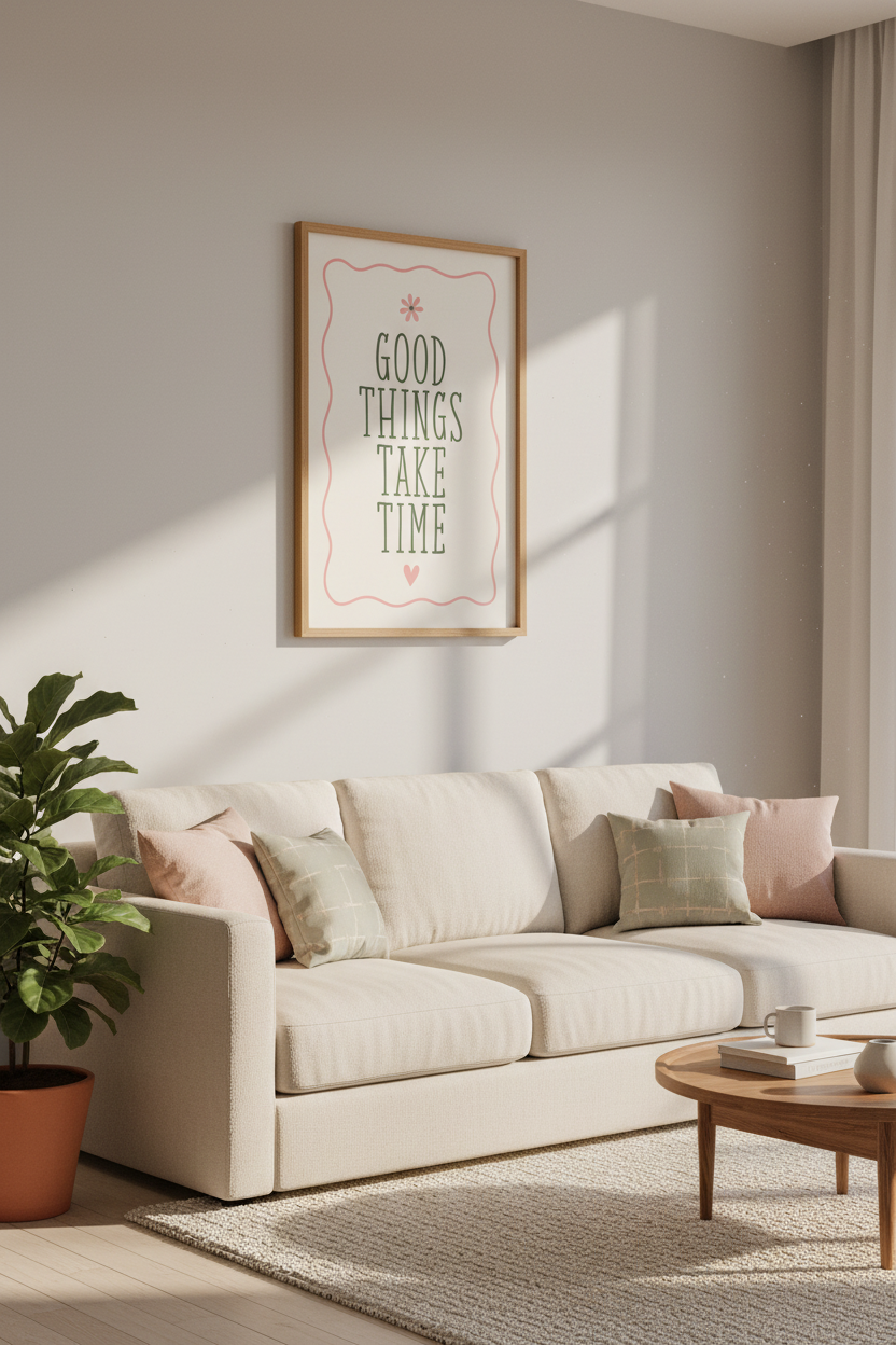 Good Things Take Time Wall Art | Pink &amp; Sage Floral Decor | Aesthetic Poster