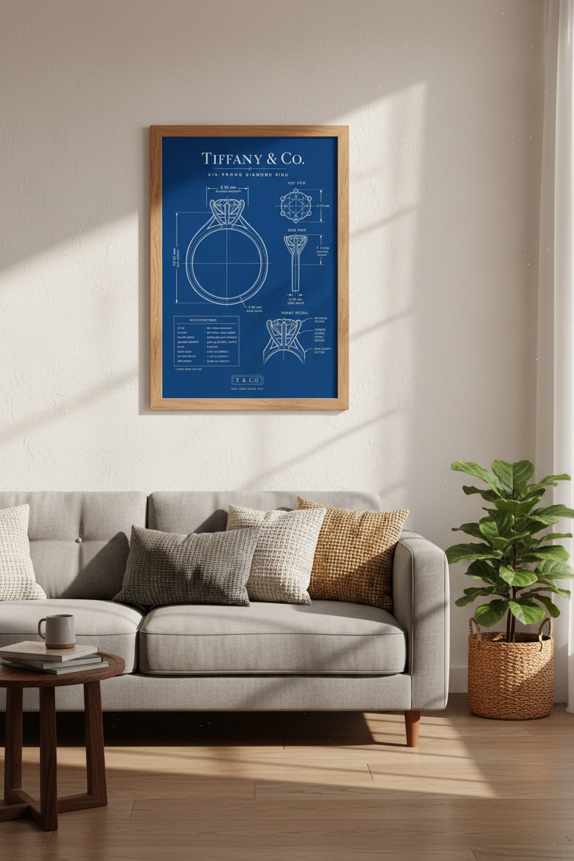 Diamond Ring Blueprint Wall Art | Blue Technical Poster | Wedding Decor