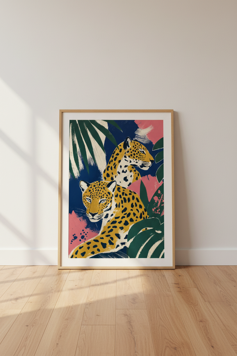 Leopard Jungle Wall Art | Navy &amp; Pink Tropical Decor | Modern Animal Poster