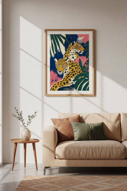 Leopard Jungle Wall Art | Navy &amp; Pink Tropical Decor | Modern Animal Poster