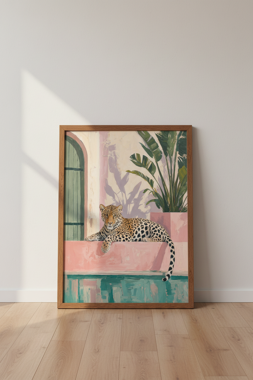 Leopard by the Pool Wall Art | Pink Tropical Painting, Chic Animal Habitual Poster