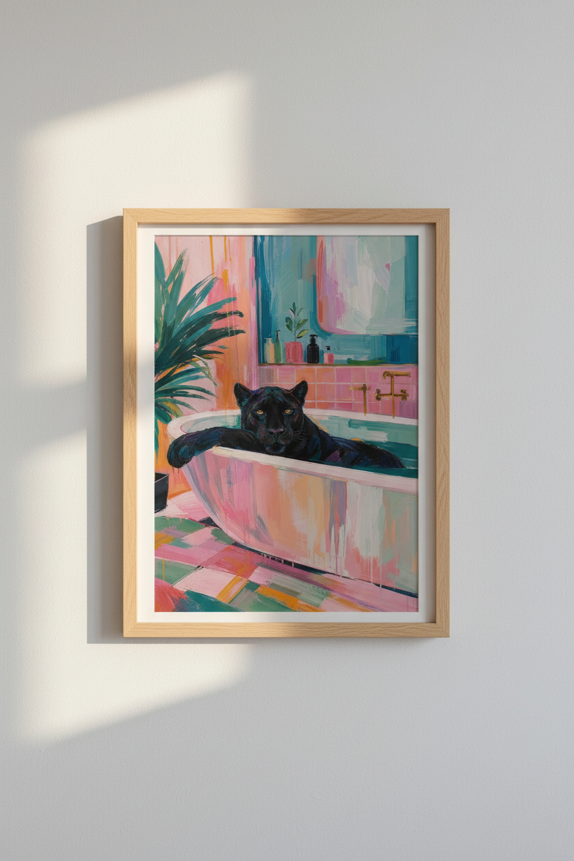 Panther Bathroom Wall Art Print | Colorful Maximalist Decor, Modern Abstract Cat Poster