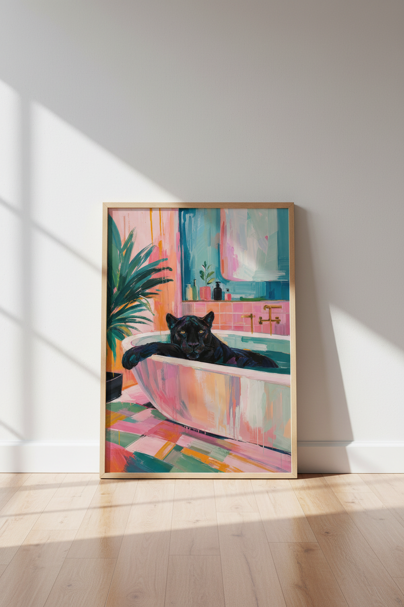 Panther Bathroom Wall Art Print | Colorful Maximalist Decor, Modern Abstract Cat Poster