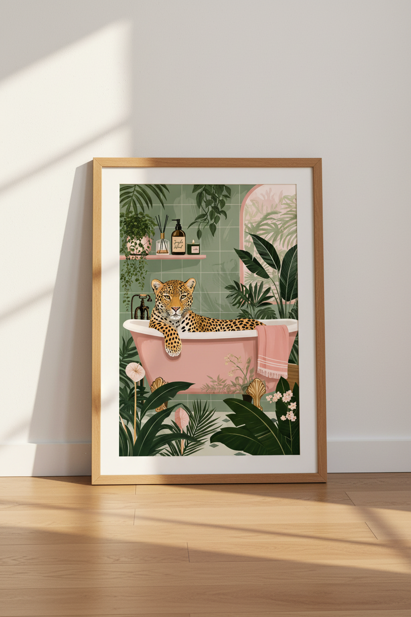 Leopard in Bathtub Wall Art | Pink &amp; Green Tropical Decor | Maximalist Poster