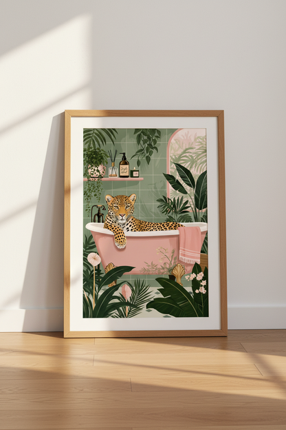 Leopard in Bathtub Wall Art | Pink &amp; Green Tropical Decor | Maximalist Poster