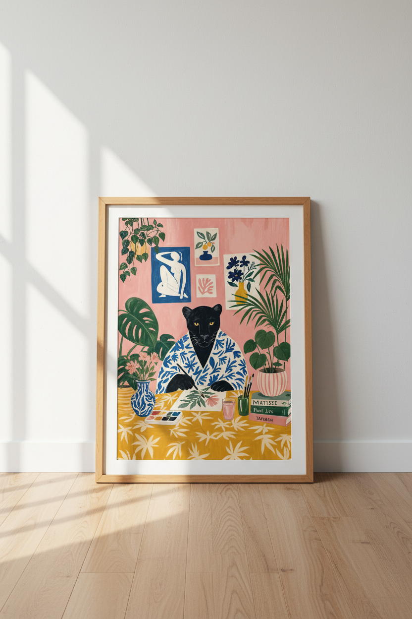 Black Panther Artist Wall Art | Maximalist Pink Botanical Decor | Eclectic Cat Poster