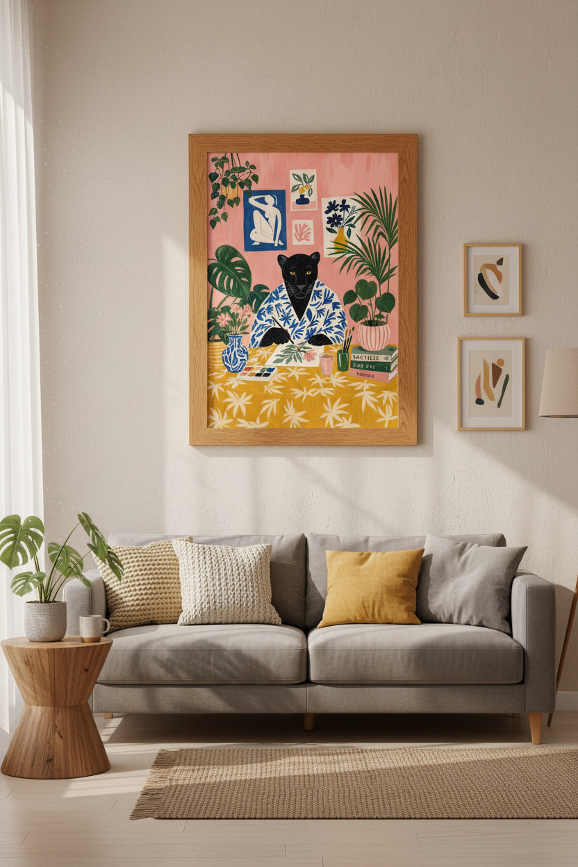 Black Panther Artist Wall Art | Maximalist Pink Botanical Decor | Eclectic Cat Poster
