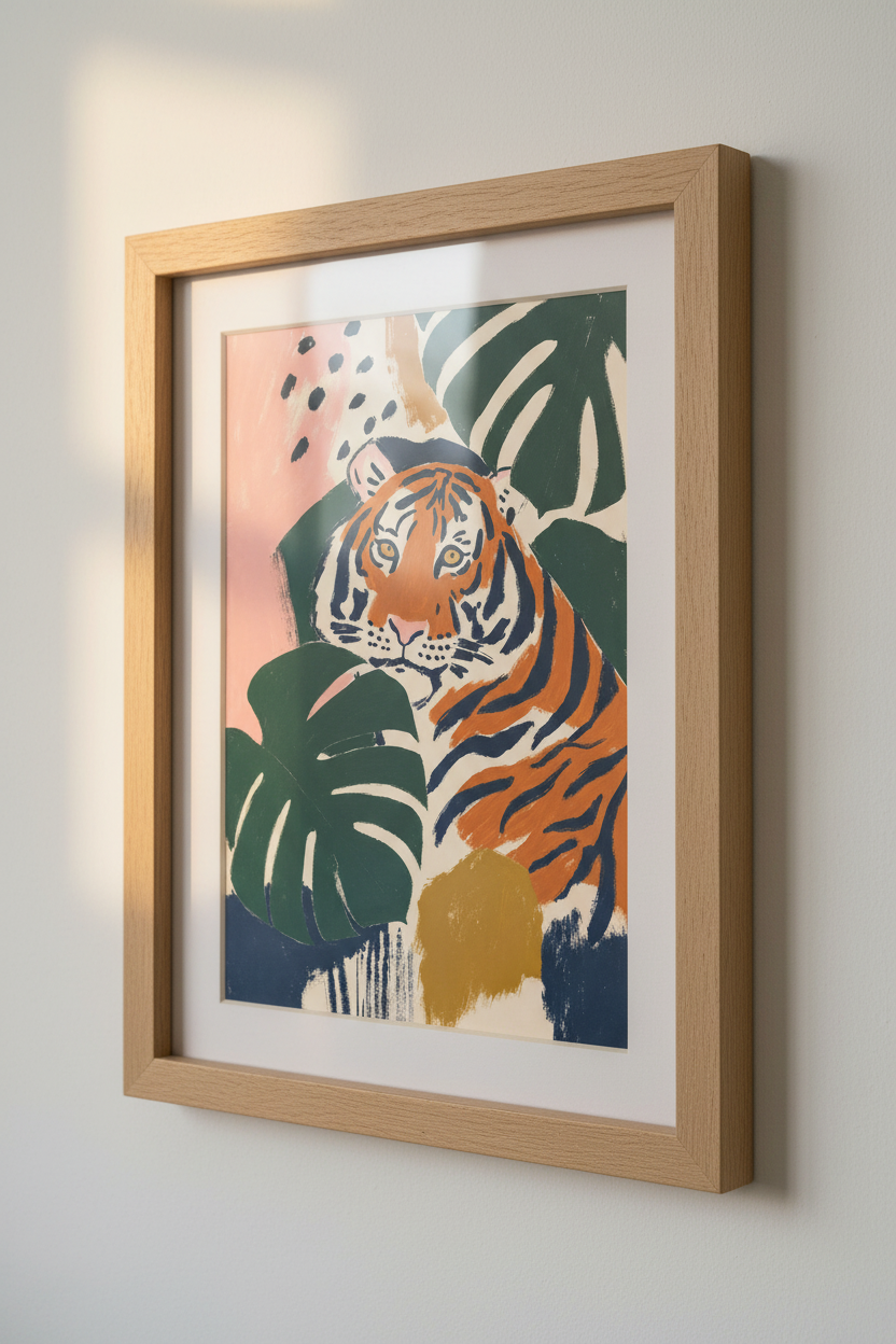 Tiger Jungle Leaves Wall Art | Boho Tropical Poster, Maximalist Home Decor