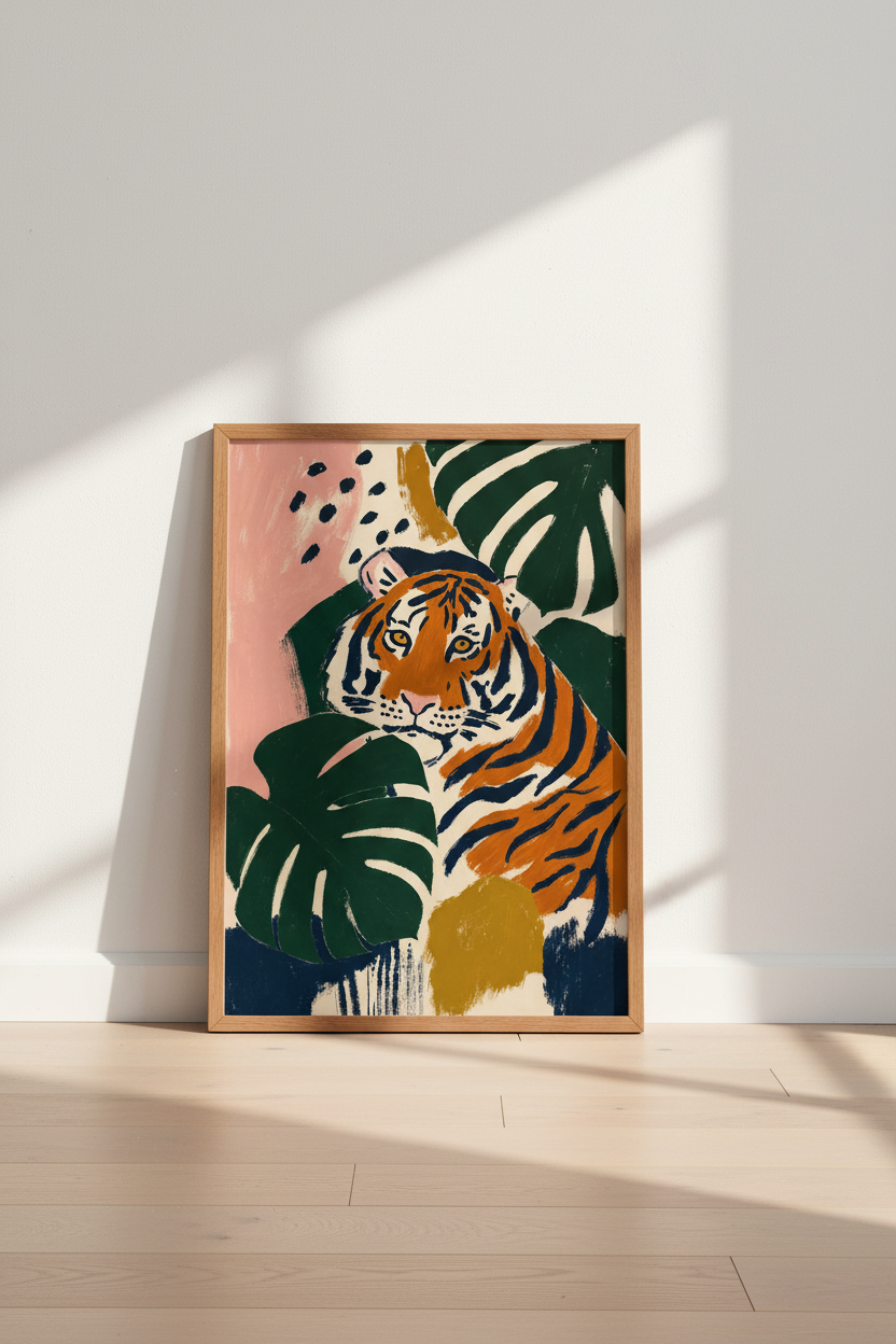 Tiger Jungle Leaves Wall Art | Boho Tropical Poster, Maximalist Home Decor