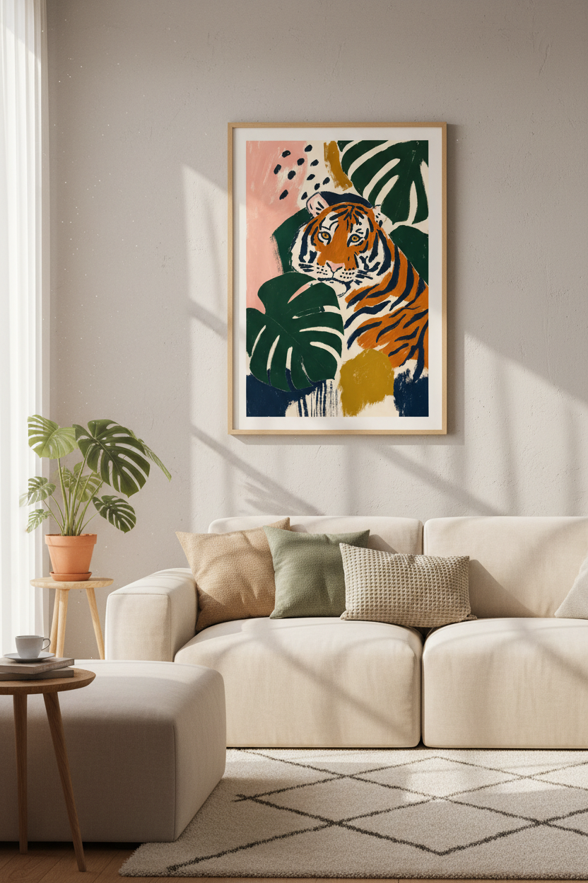 Tiger Jungle Leaves Wall Art | Boho Tropical Poster, Maximalist Home Decor