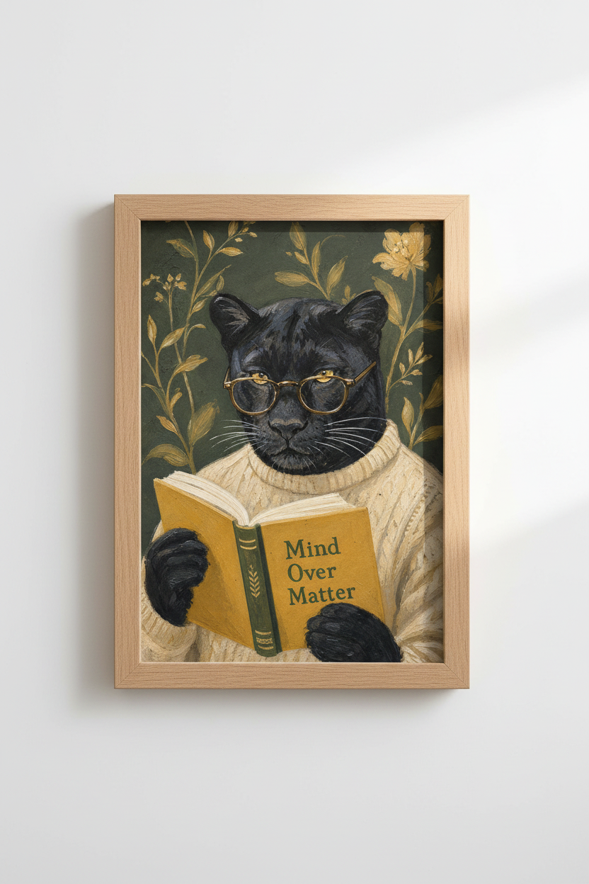 Dark Academia Cat Art Print | Black Panther Reading Poster, Moody Library Decor