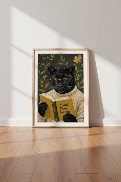 Dark Academia Cat Art Print | Black Panther Reading Poster, Moody Library Decor