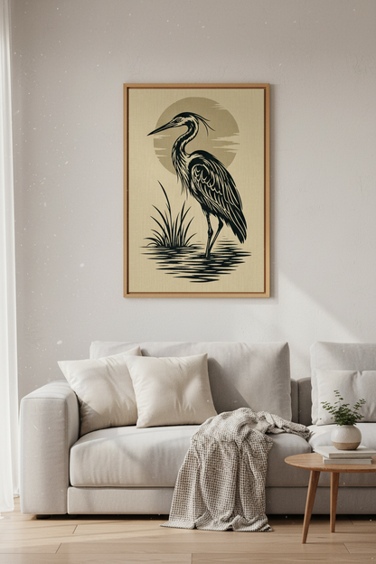 Great Blue Heron Wall Art | Woodblock Style Bird Print, Coastal Decor