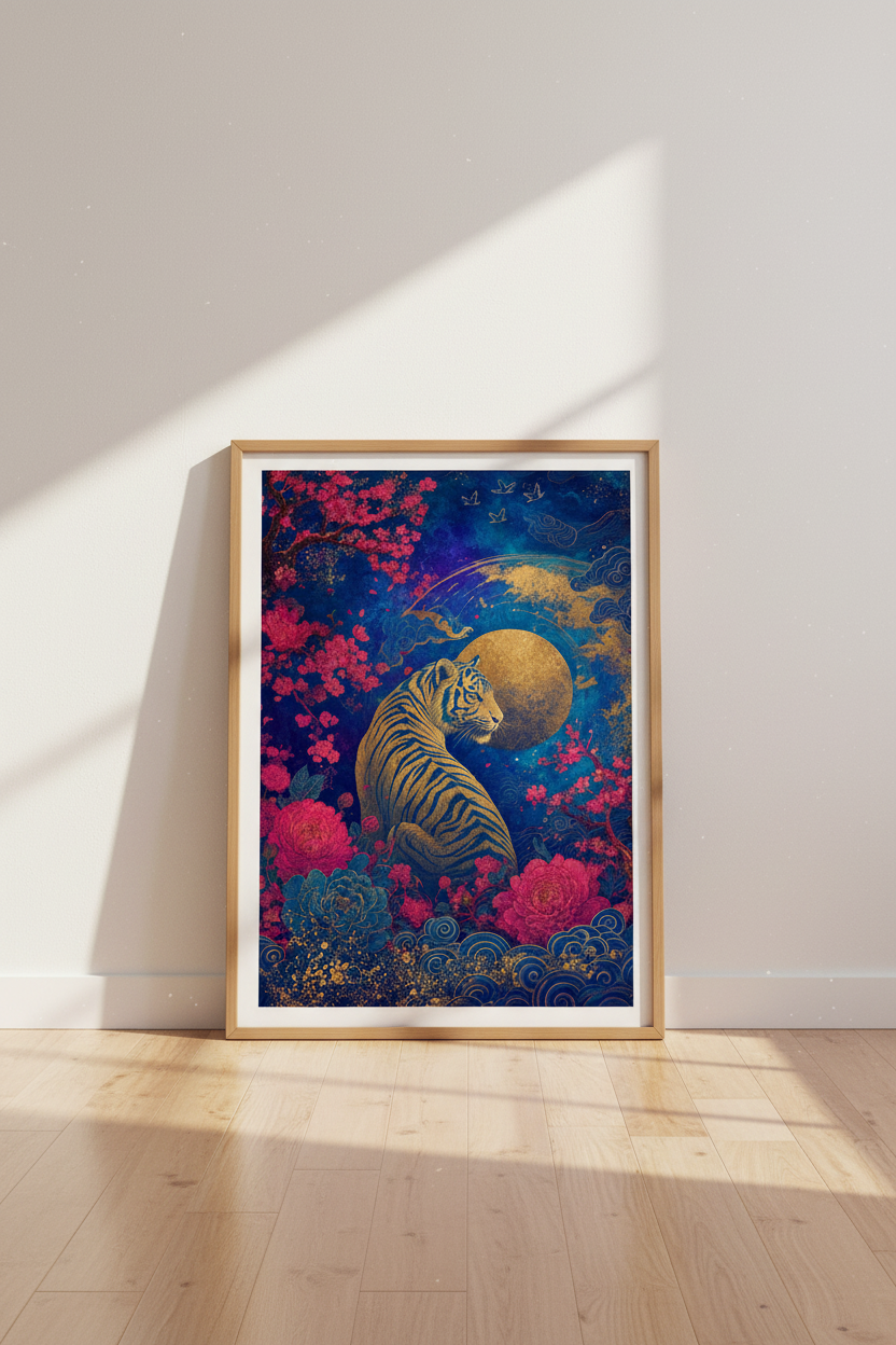 Japanese Tiger Wall Art | Gold Navy Cherry Blossom Poster | Zen Living Room Decor