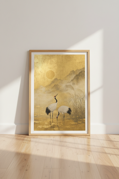 Japanese Cranes Wall Art | Gold Leaf Mountain Poster, Living Room Decor