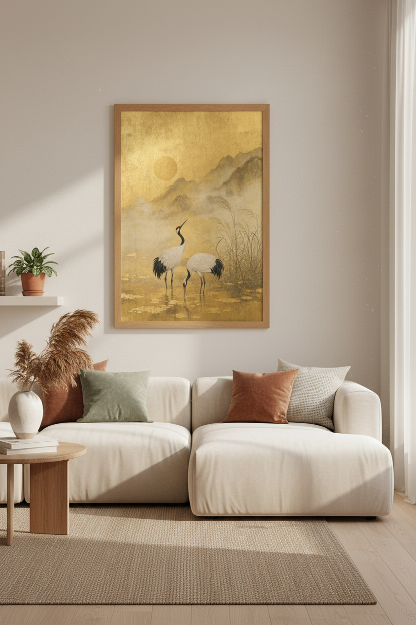 Japanese Cranes Wall Art | Gold Leaf Mountain Poster, Living Room Decor