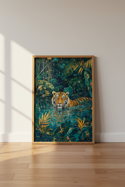 Tiger in Jungle Wall Art | Teal &amp; Gold Botanical Print, Maximalist Decor