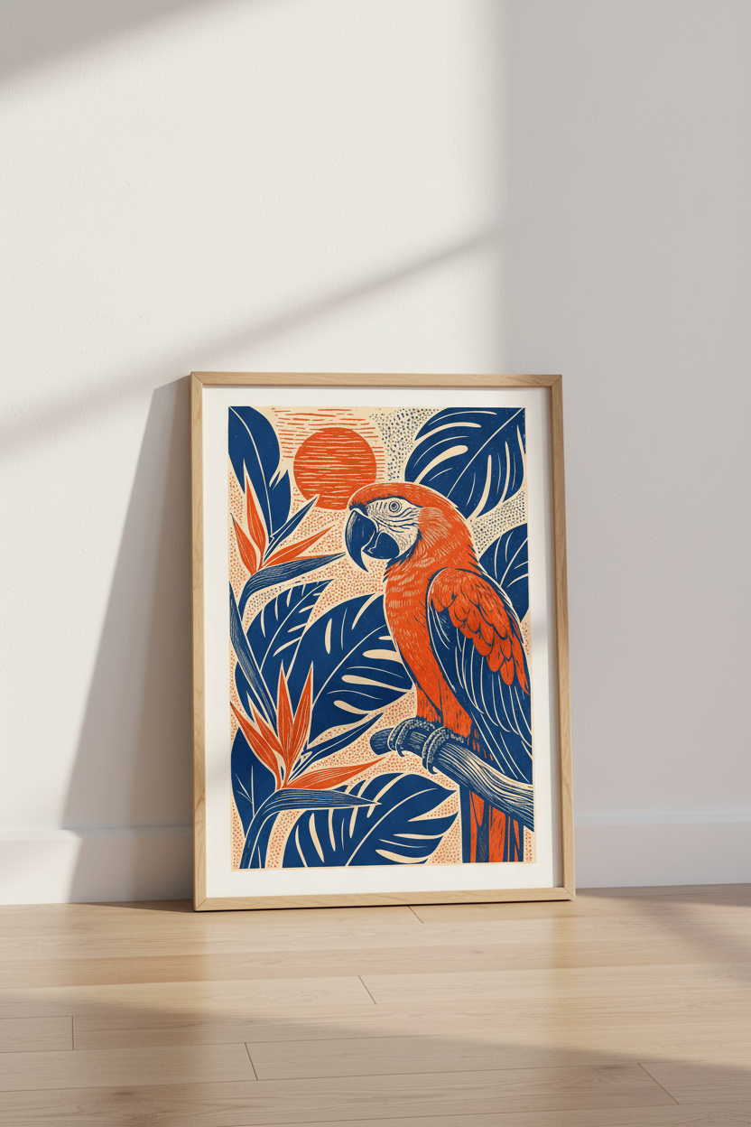 Macaw Parrot Wall Art | Tropical Woodblock Navy &amp; Orange Print, Living Room Decor