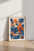 Macaw Parrot Wall Art | Tropical Woodblock Navy & Orange Print, Living Room Decor