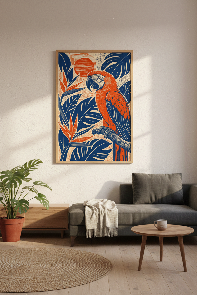Macaw Parrot Wall Art | Tropical Woodblock Navy &amp; Orange Print, Living Room Decor