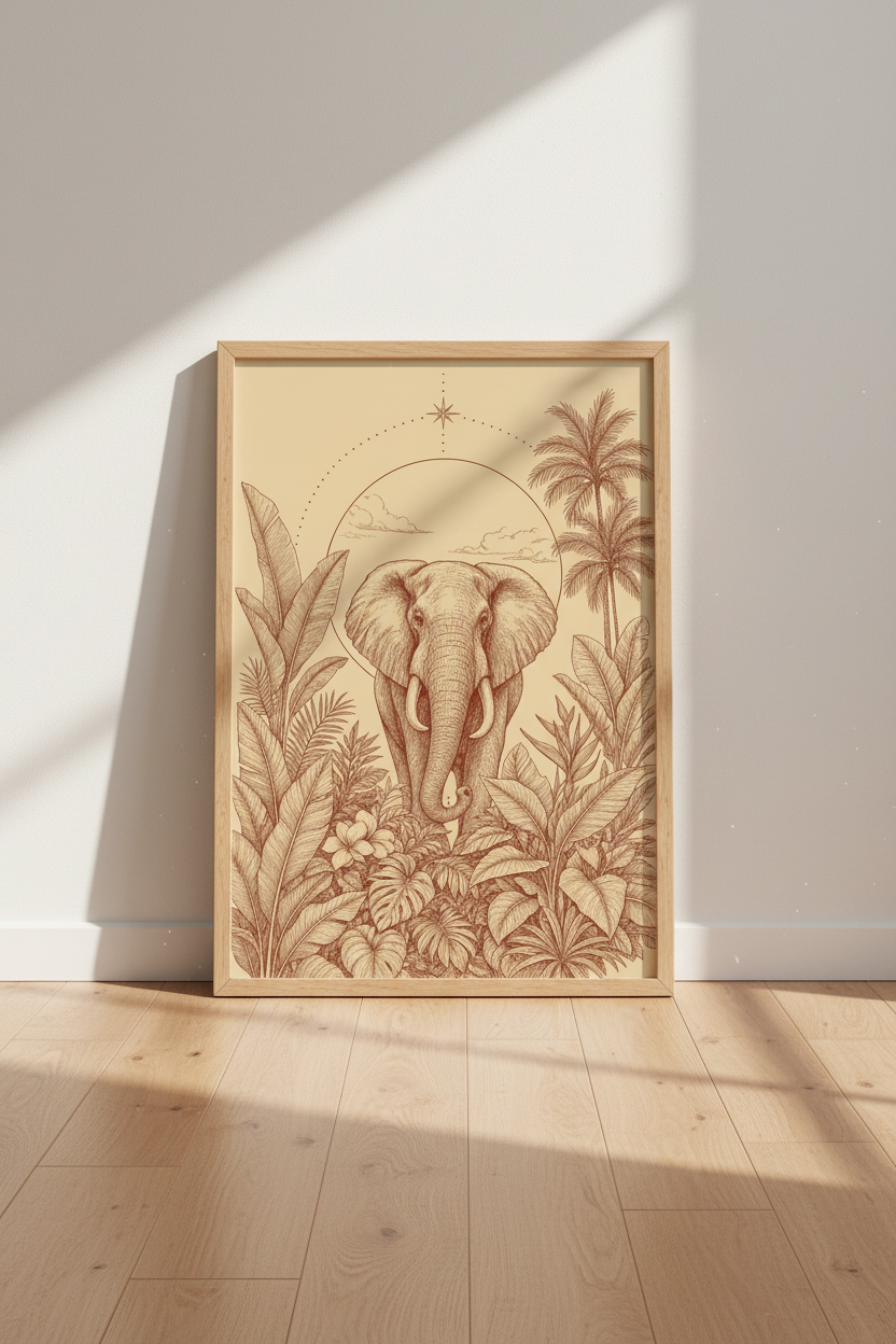 Elephant Jungle Wall Art | Terracotta Vintage Line Art, Safari Nursery Decor