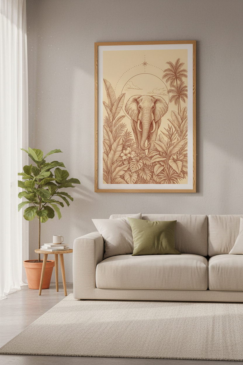 Elephant Jungle Wall Art | Terracotta Vintage Line Art, Safari Nursery Decor