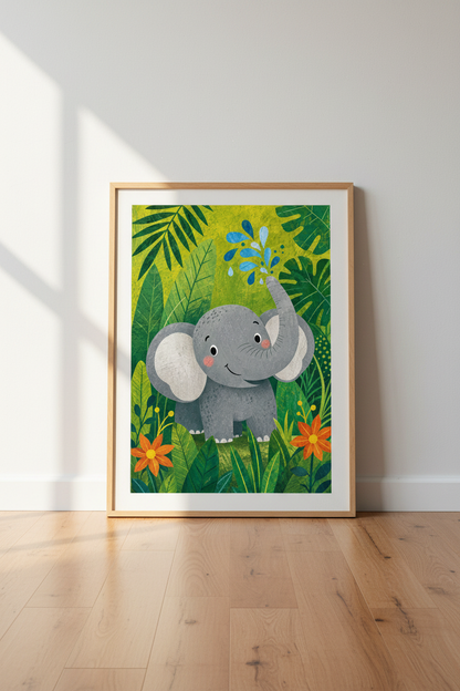 Baby Elephant Safari Wall Art | Green Jungle Nursery Decor | Cute Animal Poster