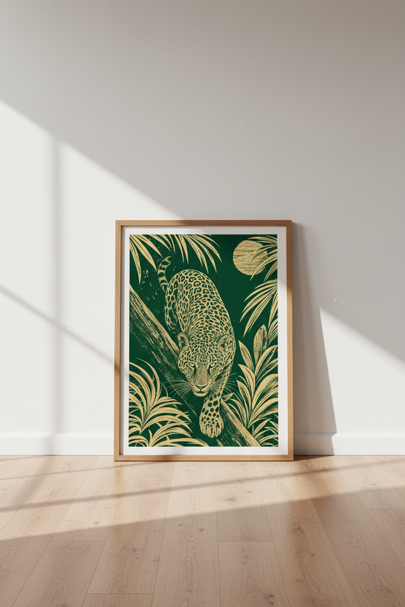 Leopard Jungle Wall Art | Emerald Green &amp; Gold Botanical Decor, Exotic Nature Poster