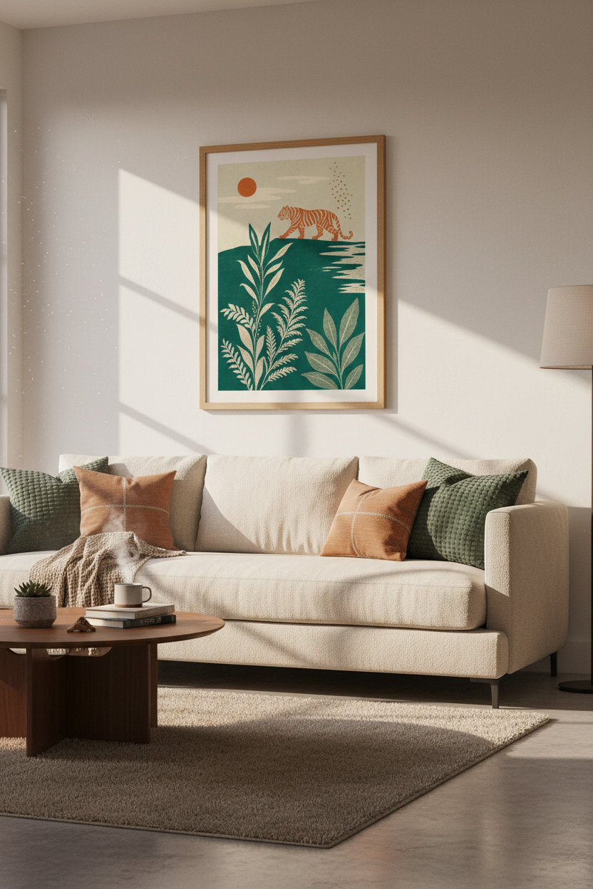 Tiger Wall Art | Japanese Style Emerald Green &amp; Orange Poster, Living Room Decor