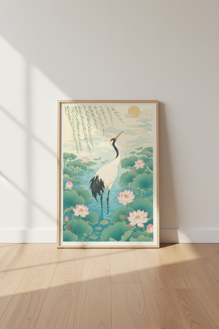 Japanese Crane &amp; Lotus Wall Art | Zen Nature Poster, Living Room Decor