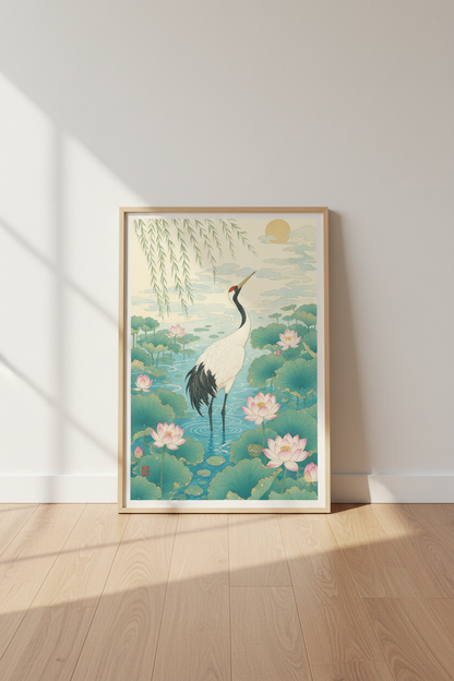 Japanese Crane &amp; Lotus Wall Art | Zen Nature Poster, Living Room Decor