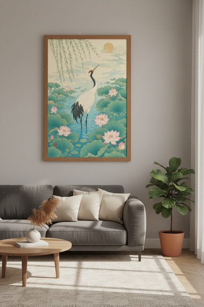 Japanese Crane &amp; Lotus Wall Art | Zen Nature Poster, Living Room Decor