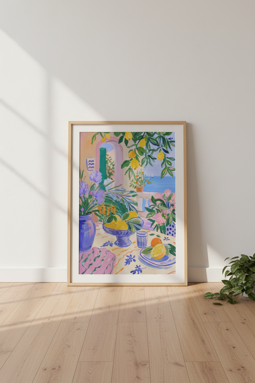 Amalfi Coast Art Print | Mediterranean Lemon Terrace Decor, Colorful Italian Seascape
